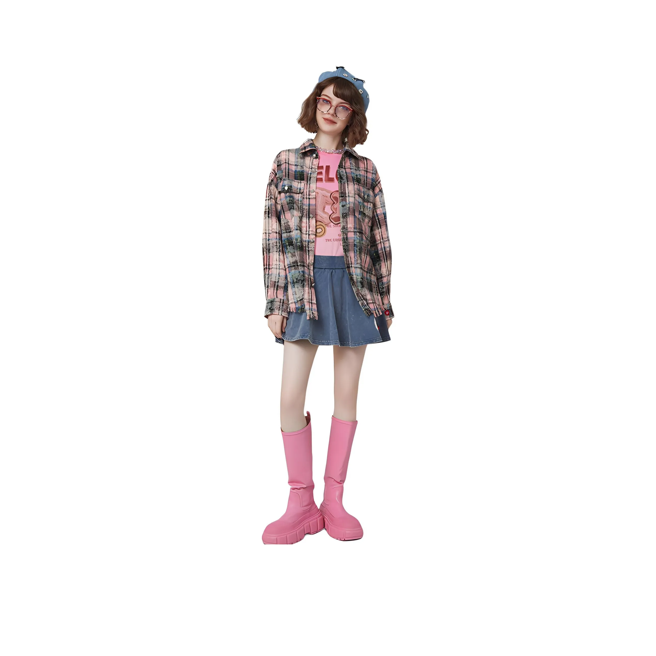 LALABOBO Shirts Women's Pink Blue Plaid
