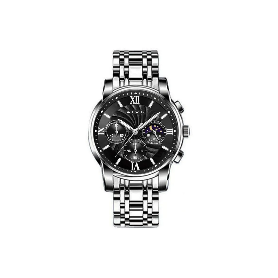 AIVN Sun Moon Star Collection Кварцевый механизм Стальной ремешок Часы Мужские Черный циферблат