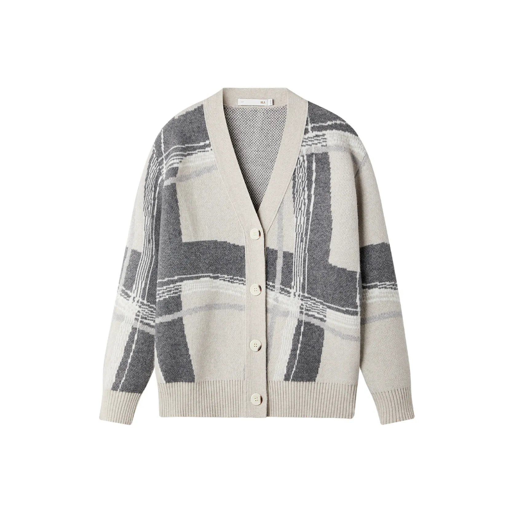 HLA Knitted Fabric Cardigan Women's Beige Apricot Plaid