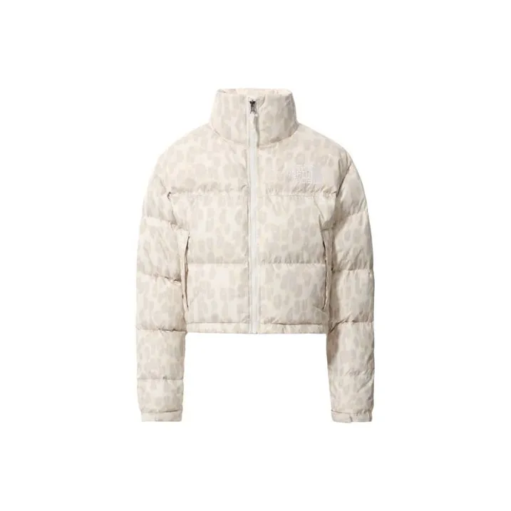THE NORTH FACE Women'ss Printed Nuptse 700 Fill Short Jacket Silver Grey Leopard Print