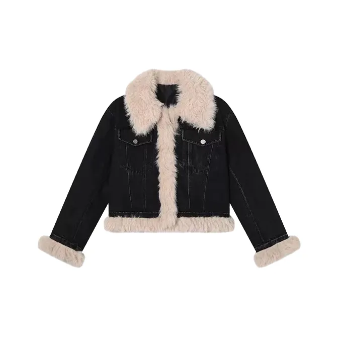 TORIGHT Jackets Coats Women's Fur Collar Patchwork Denim