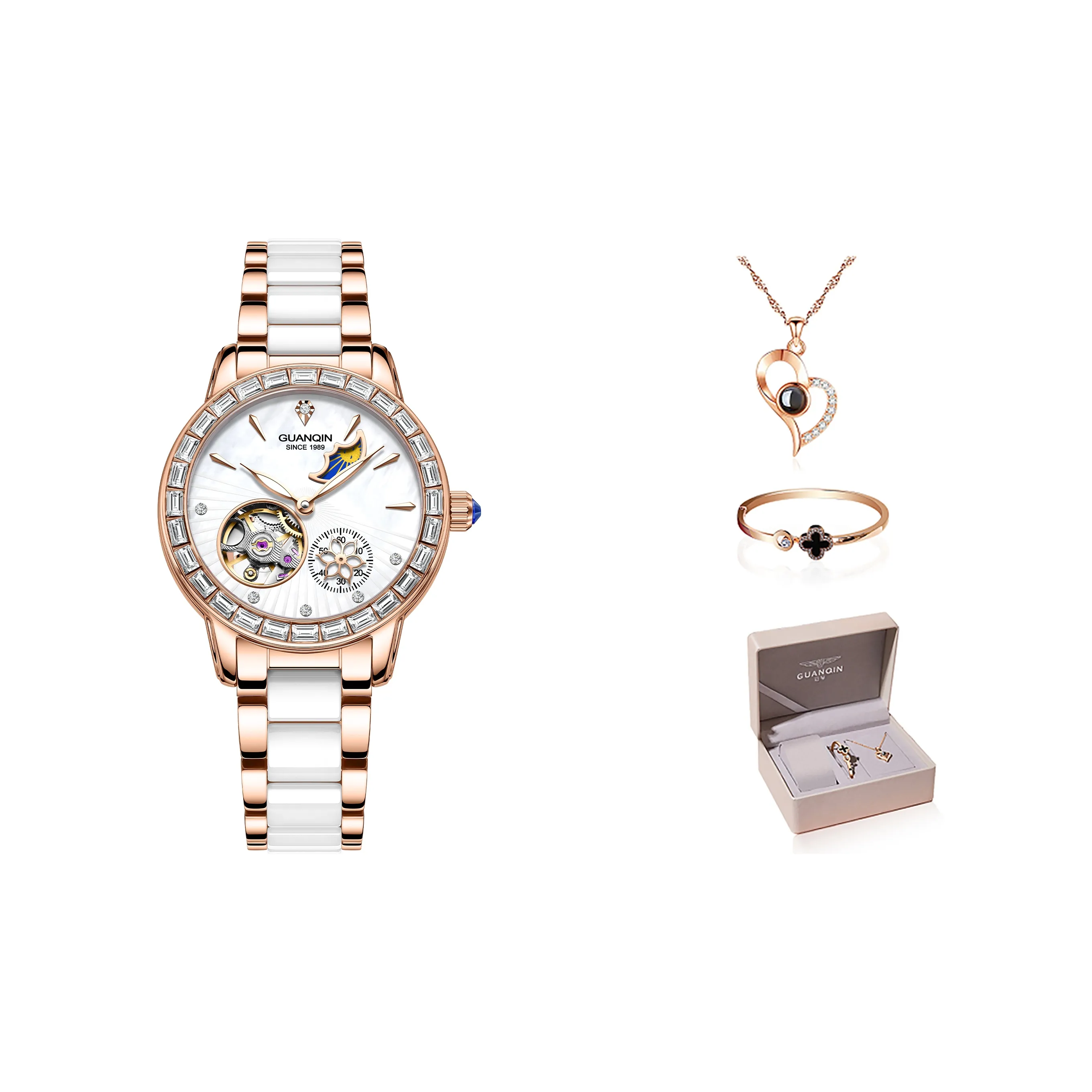 GUANQIN Dreamy Galaxy Collection Automatic Mechanical Movement Cow Leather Strap Watch Women's Watch White Dial
