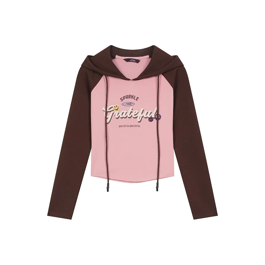 ELF SACK American Color Block Letter Print Raglan Hooded Long Sleeved T Shirt Women's