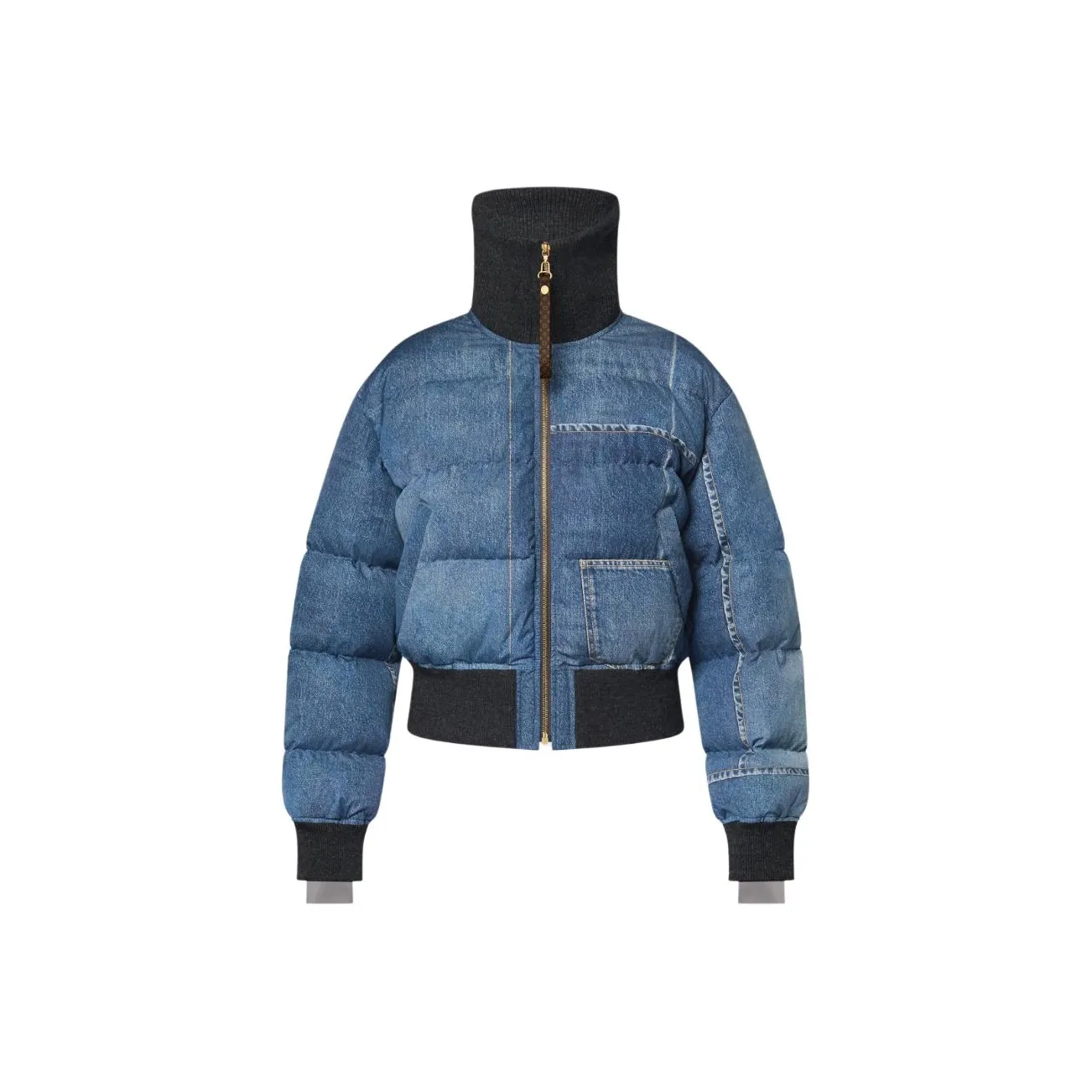 Lv Denim Print Cropped Puffer Jacket