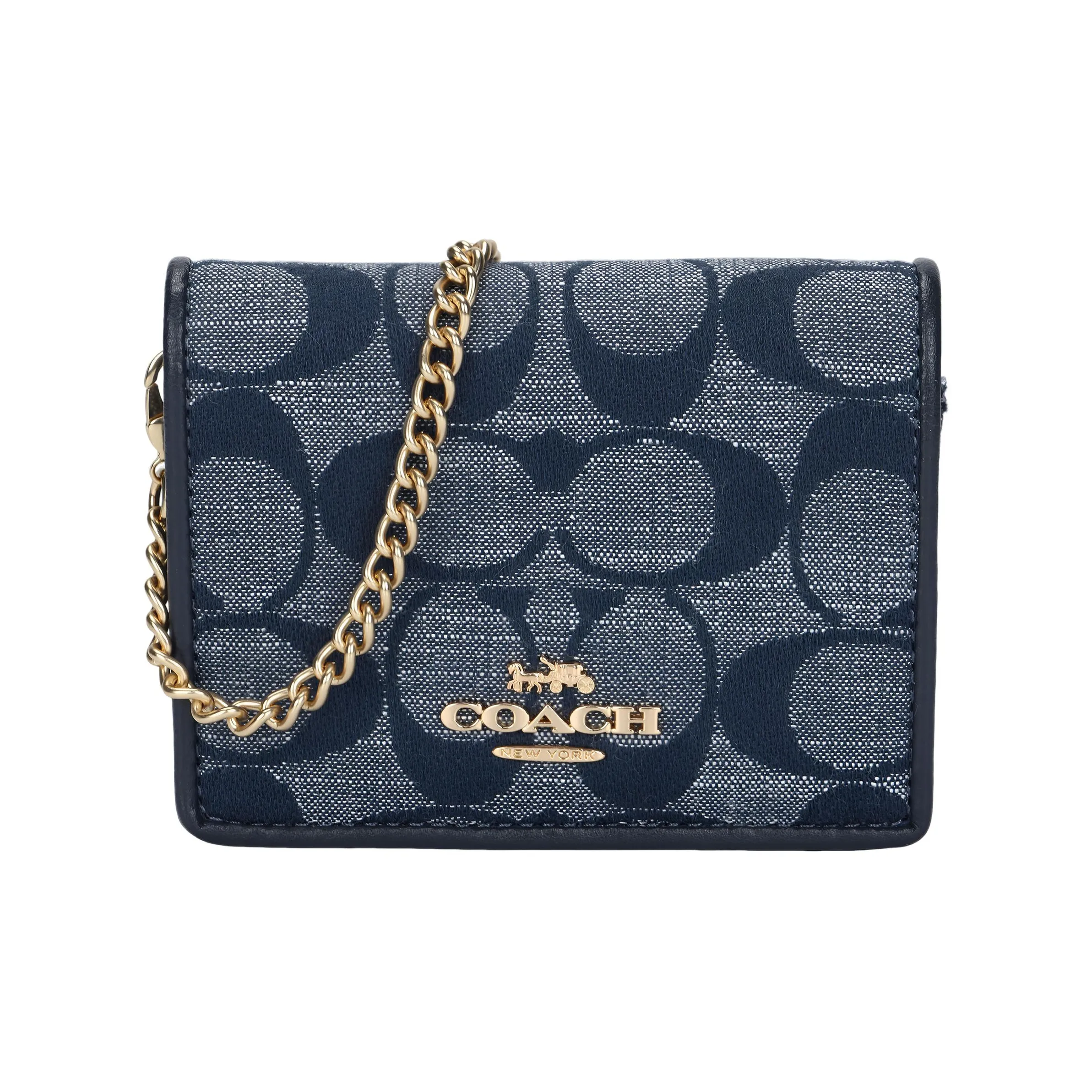 COACH Chambray With Smooth Leather Chain Wallet Clutch, Shoulder Bag, Crossbody Bag Mini Women's Denim Blue