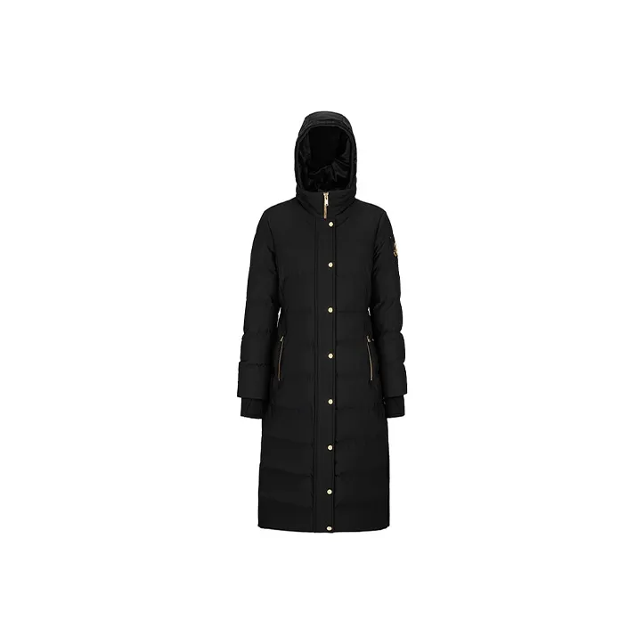 Moose Knuckles FW21 Solid Color Hooded Fitted Long Down Jacket Women's Black