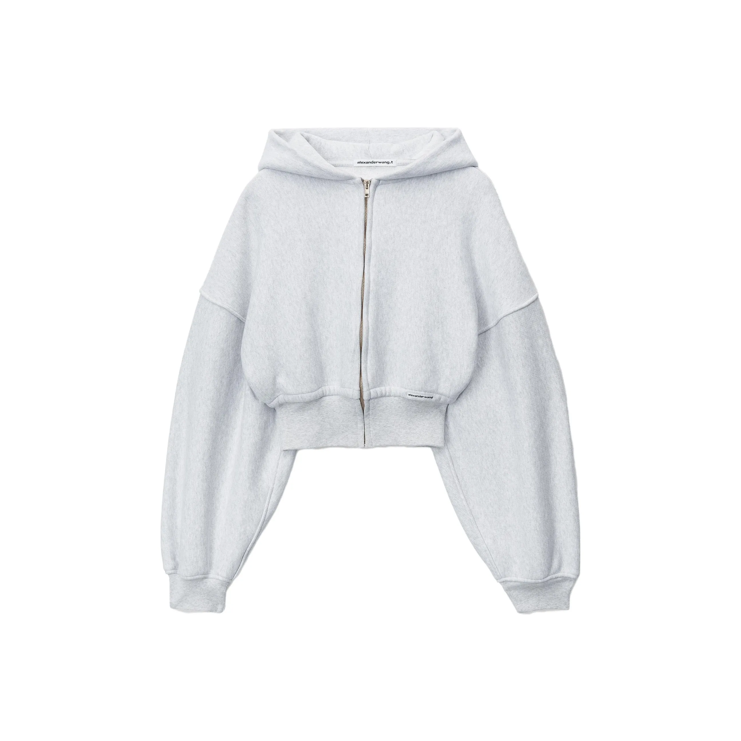 T By Alexander Wang Branded Seam Label Cropped Zip Up Hoodie Light Heather Grey