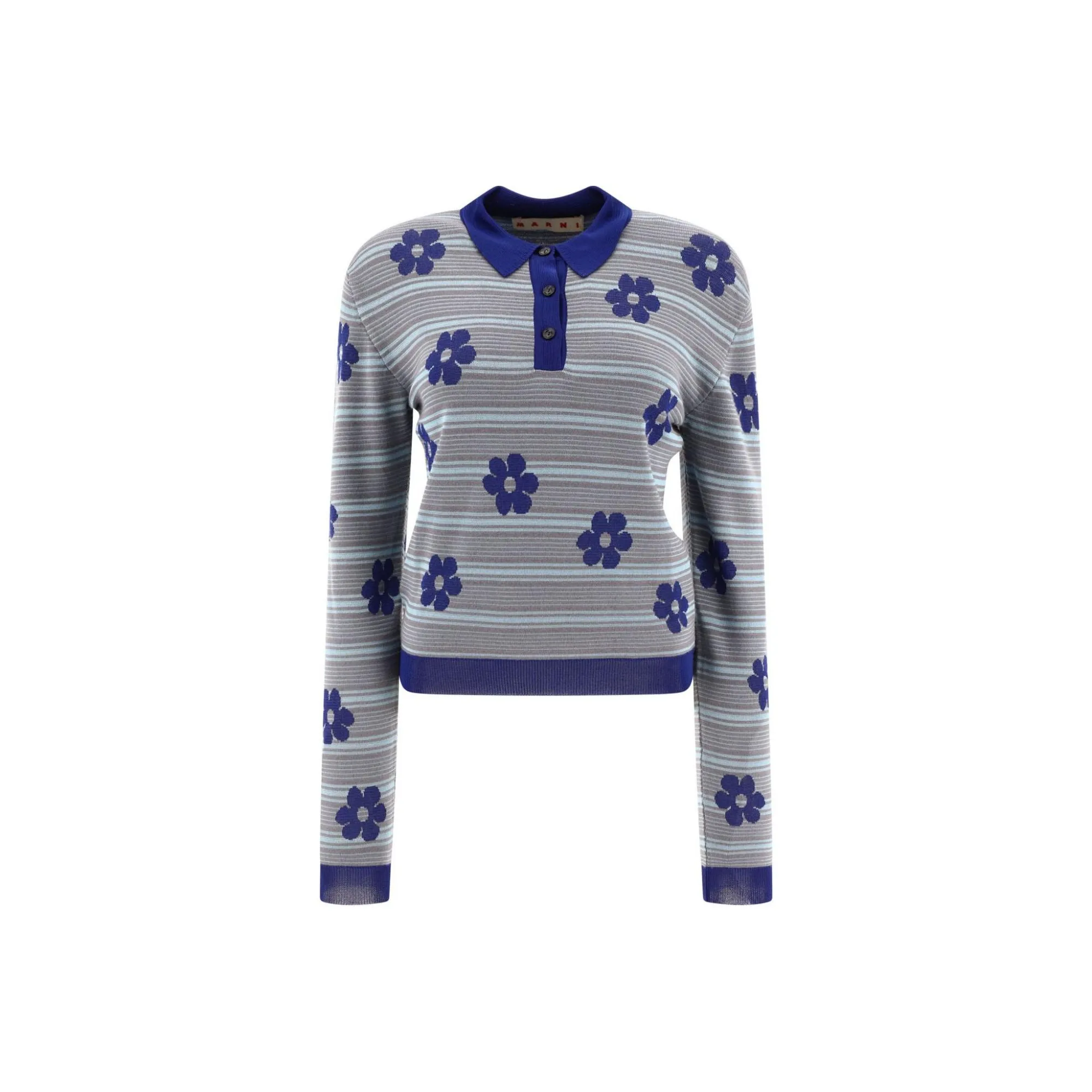 MARNI Striped Flowers Long Sleeve Polo Neck 'Mazarine Blue'