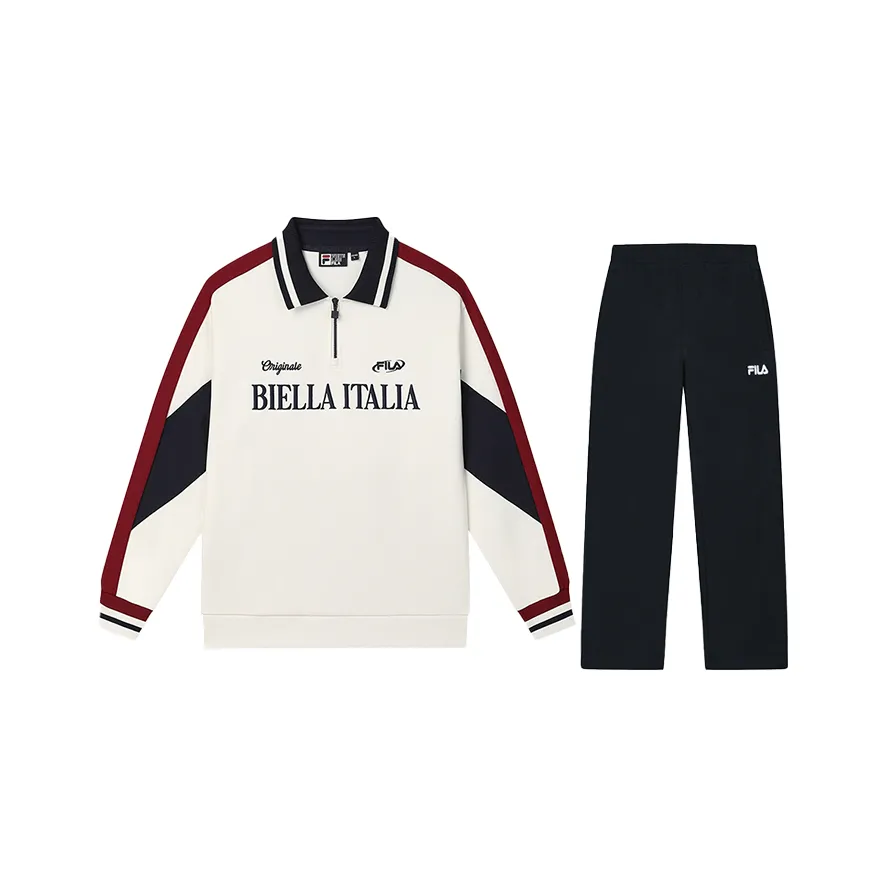 FILA Casual Sportswear Men Set Fresh Milk White Polo Shirt+Jet Black Pants