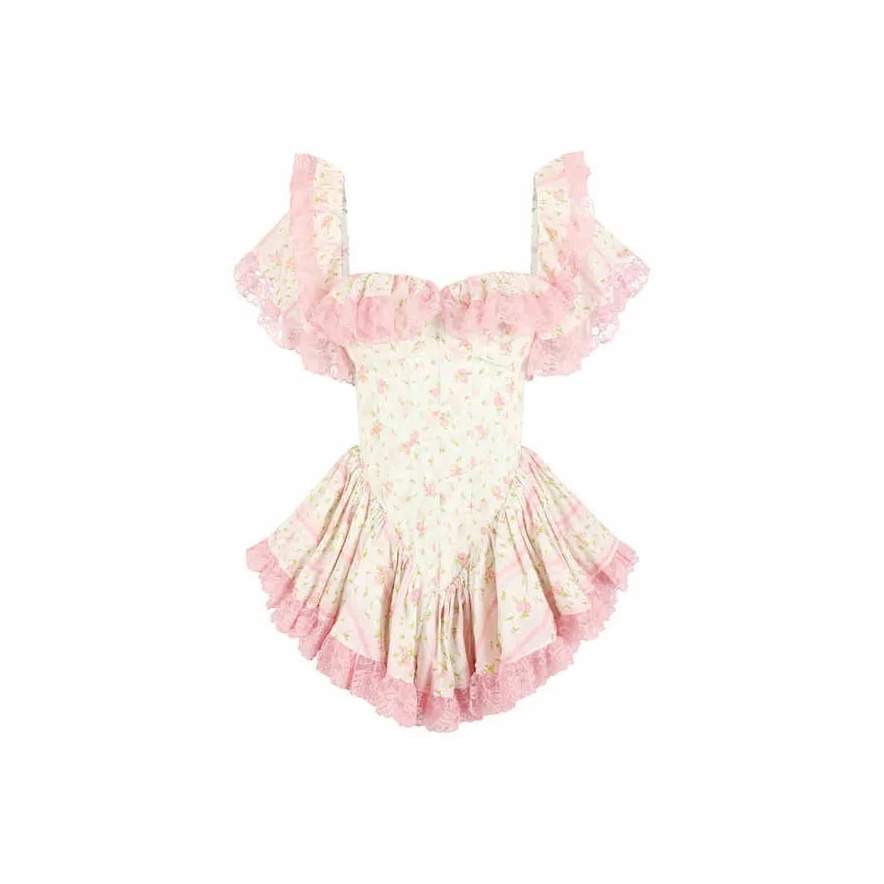 Коллекция Selkie SS25 Рубашка Женская Белая Подкладочная ткань с Маленьким Розовым Цветочным Принтом