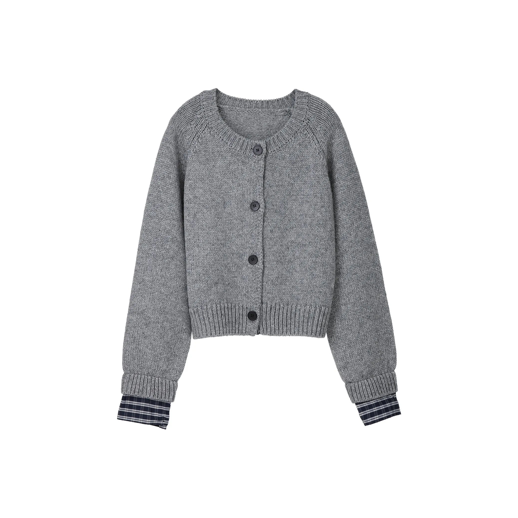 Fstudio Fall And Winter Fresh Look Petite Patchwork Knitted Fabric Coat Cardigan Women's Gray