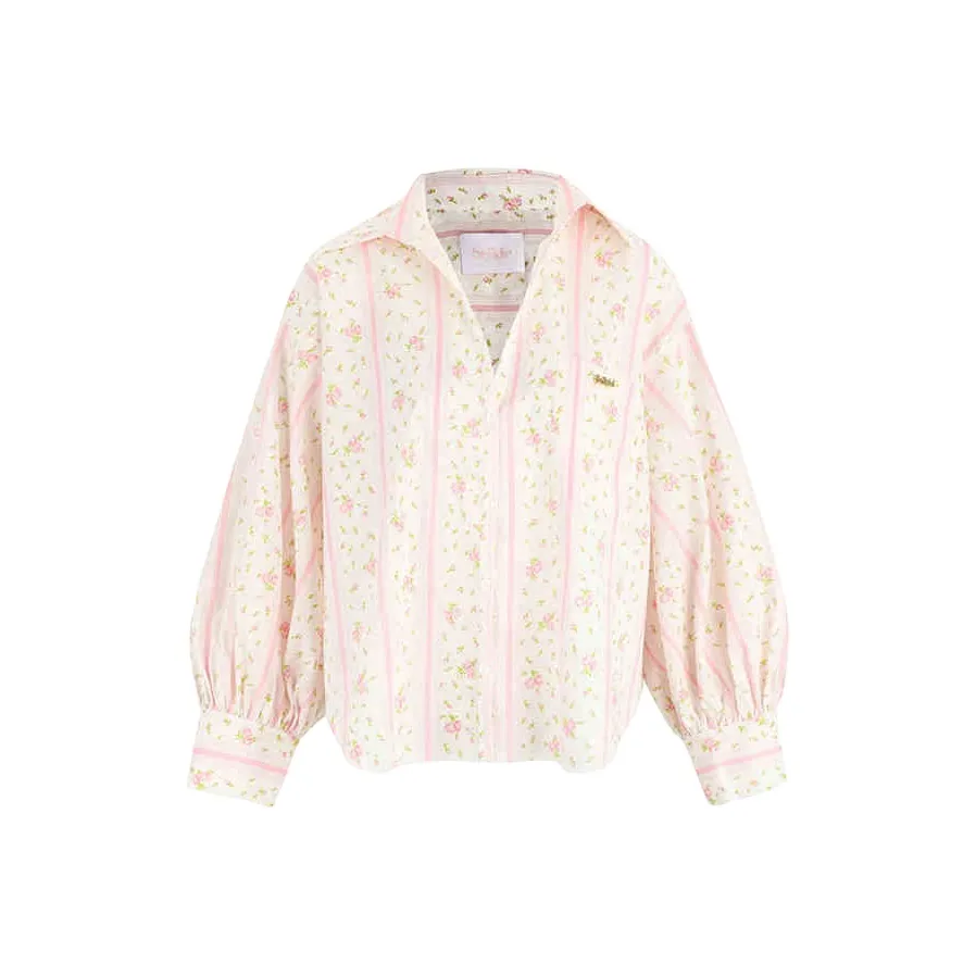 Коллекция Selkie SS25 Рубашка Женская Белая Основа с Маленькими Розовыми Вертикальными Полосами Принт