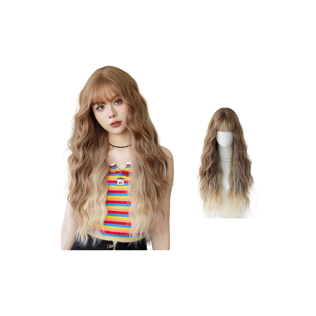 QIJIEHUANGHOU Lazy Korean Рябь Узор Парики Золотисто-коричневый Ombre Экрю