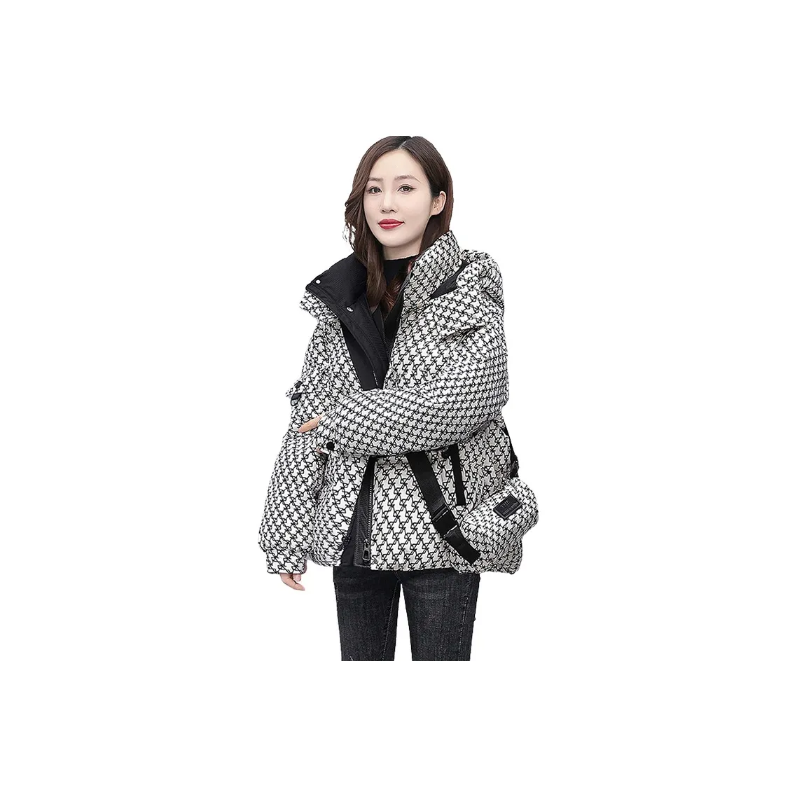 Cypress House Down Jacket Women's Ecru White With Black Floral Pattern