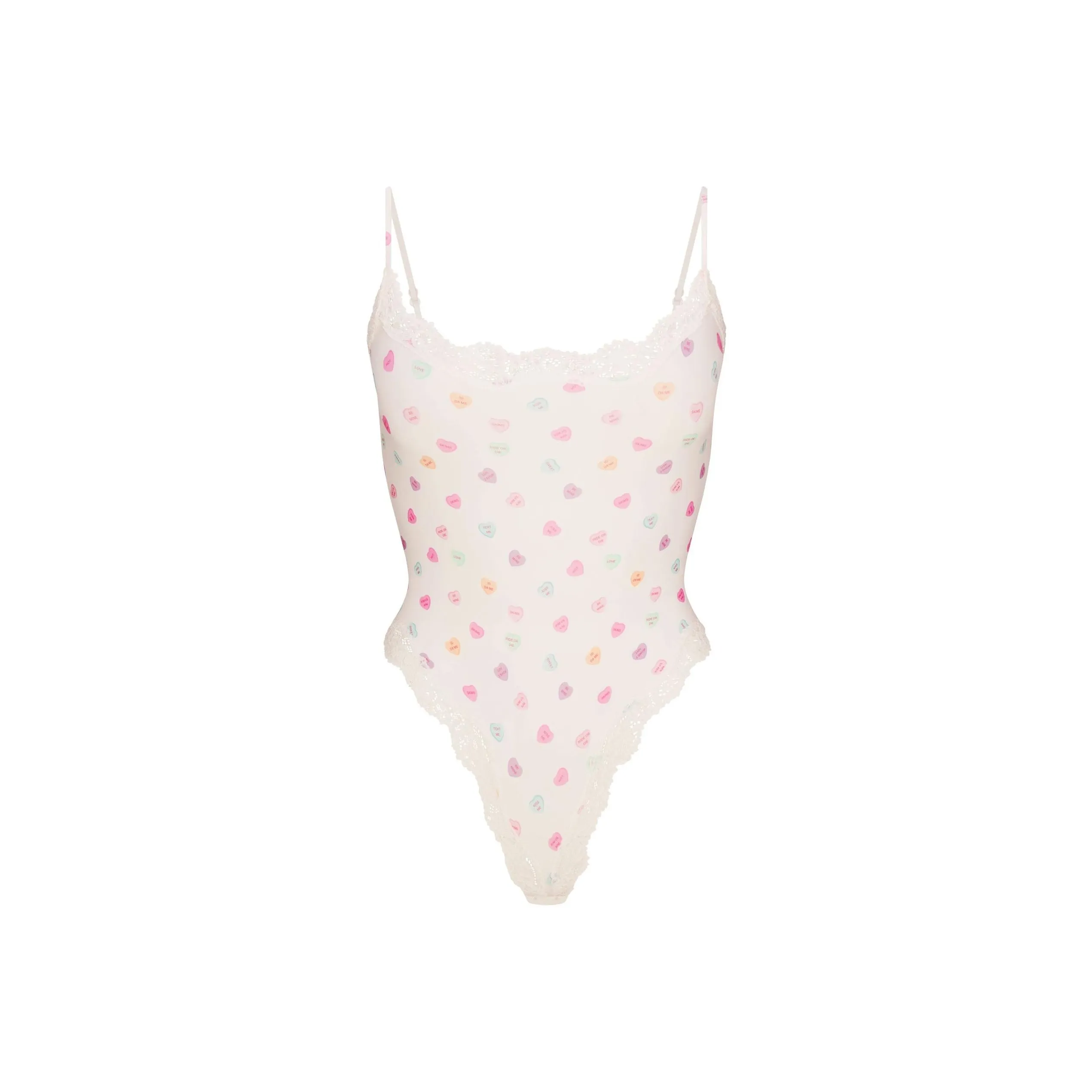 SKIMS Valentine's Day Collection SS25 FITS EVERYBODY LACE CAMI BODYSUIT Jumpsuit Women's Marble Candy Heart Print