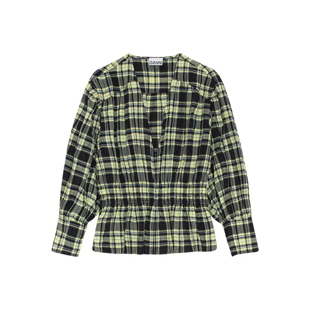 GANNI Checkered Seersucker Shirt Dress 'Check Elfin Yellow'