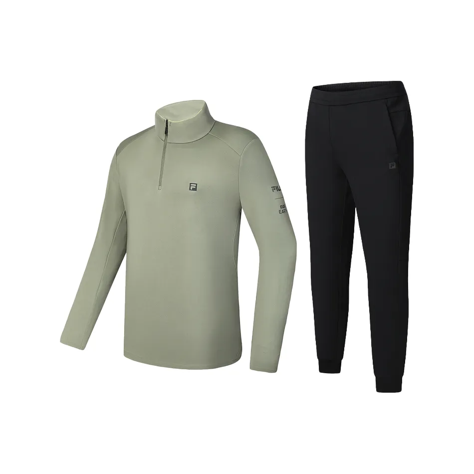 FILA Casual Sportswear Men's Clothing Sets Cloud Green T Shirt+Pitch Black Pants