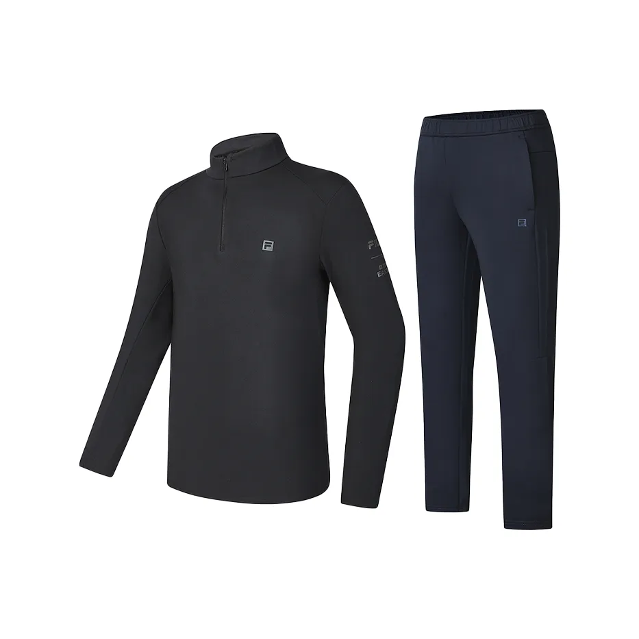 FILA Casual Sportswear Men's Clothing Sets Pitch Black T Shirt+Royal Blue Pants