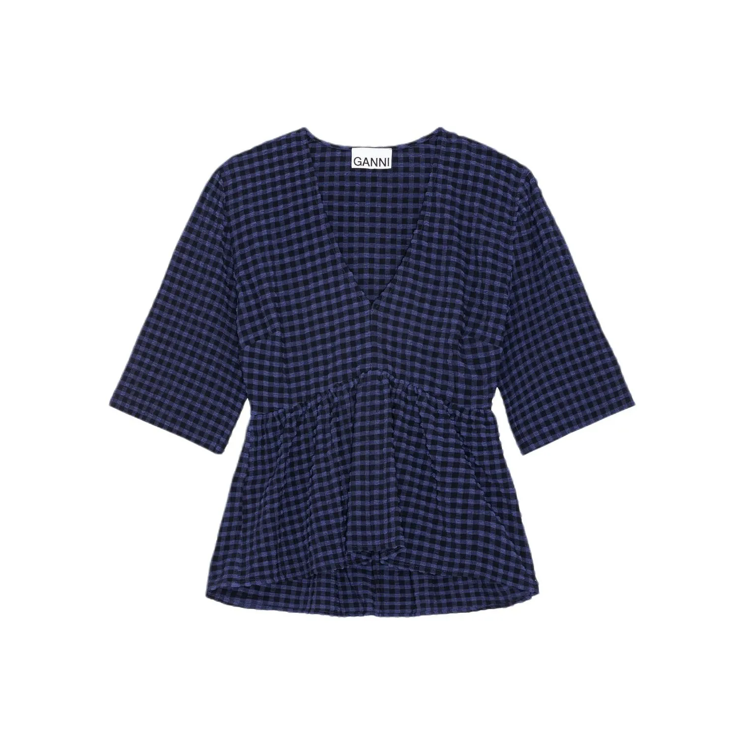 GANNI Checkered Seersucker V Neck Peplum Blouse