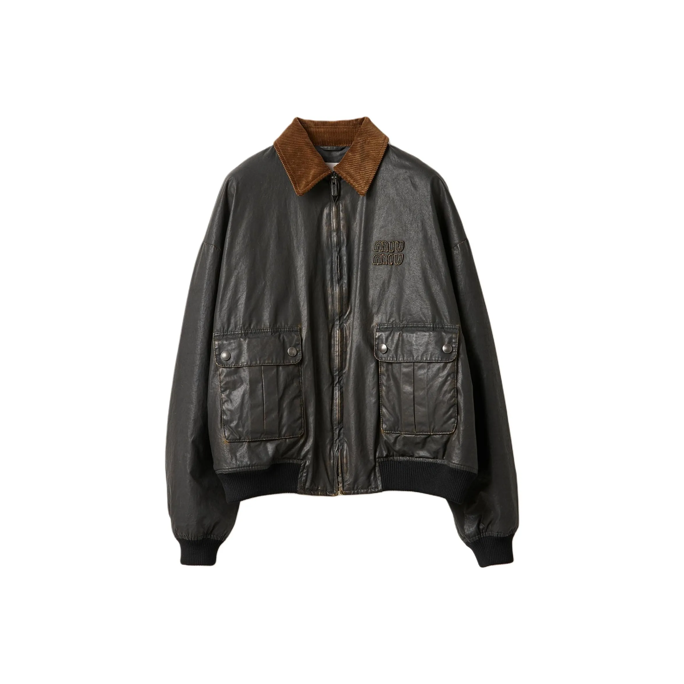 MIU MIU Resin Finished Bomber Jacket Black