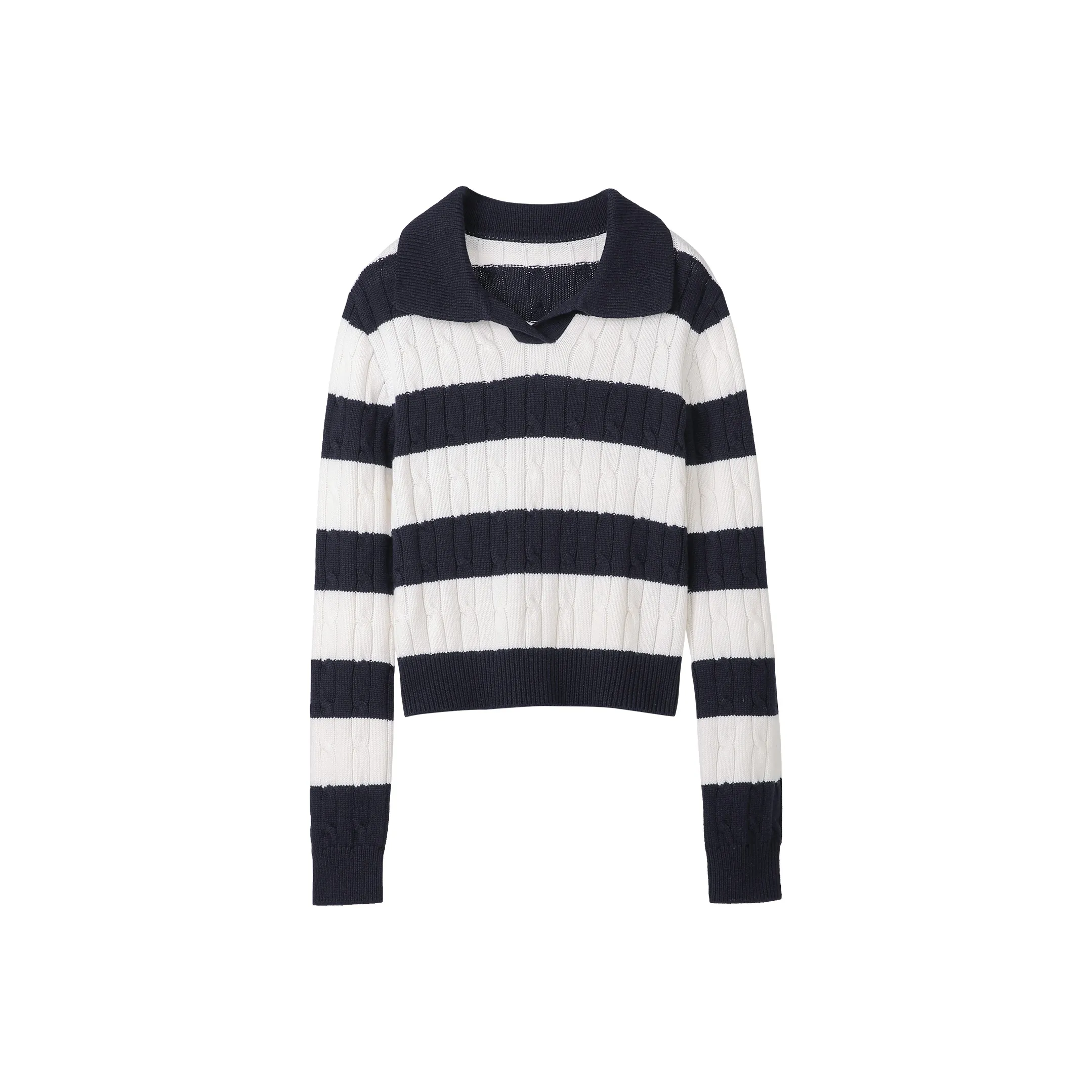 Fstudio Korean Preppy Style V-Neck Color Blocking Knitwear Women's Dark Blue White Stripes