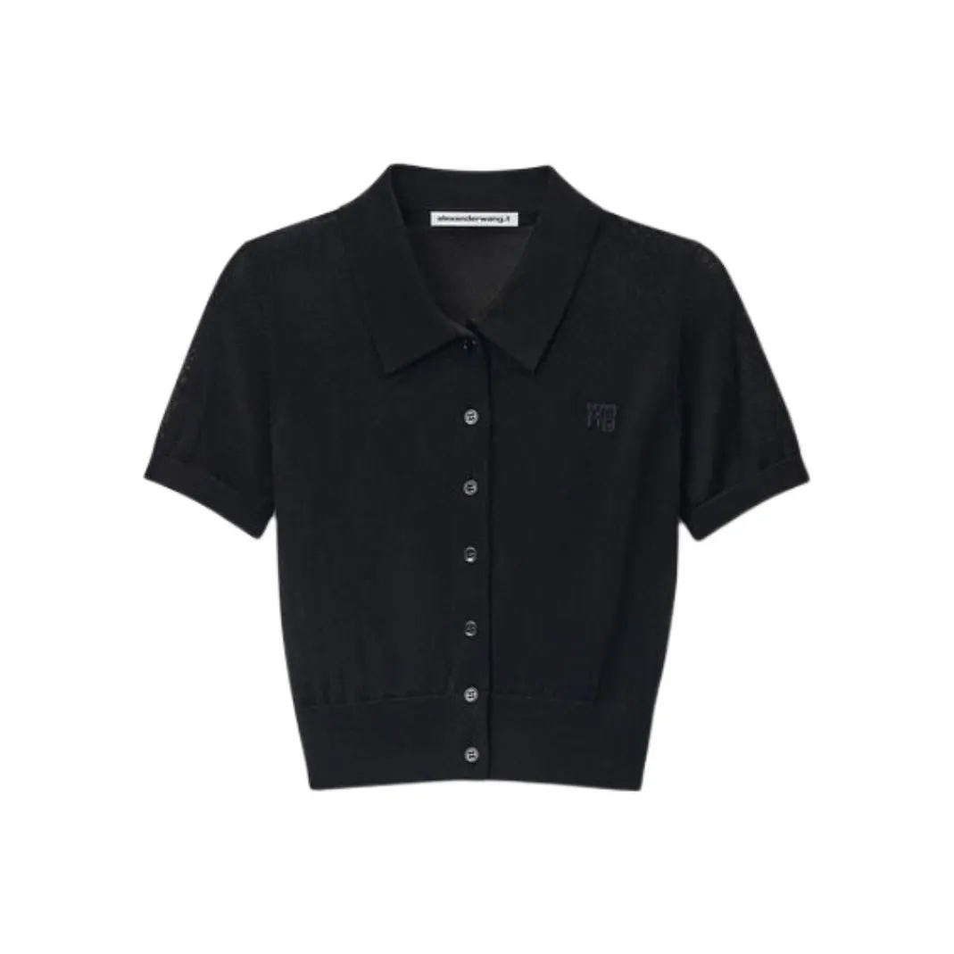 T By Alexander Wang Logo Embroidered Fine Knit Polo Cardigan