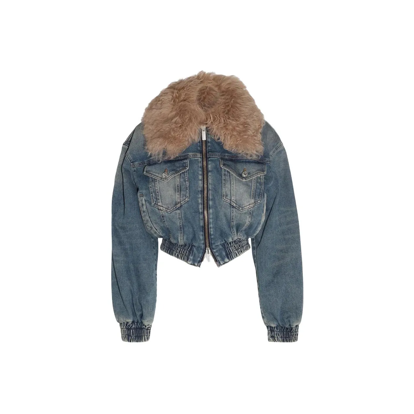 Blumarine Oversized-Collar Zip-Up Cropped Denim Jacket