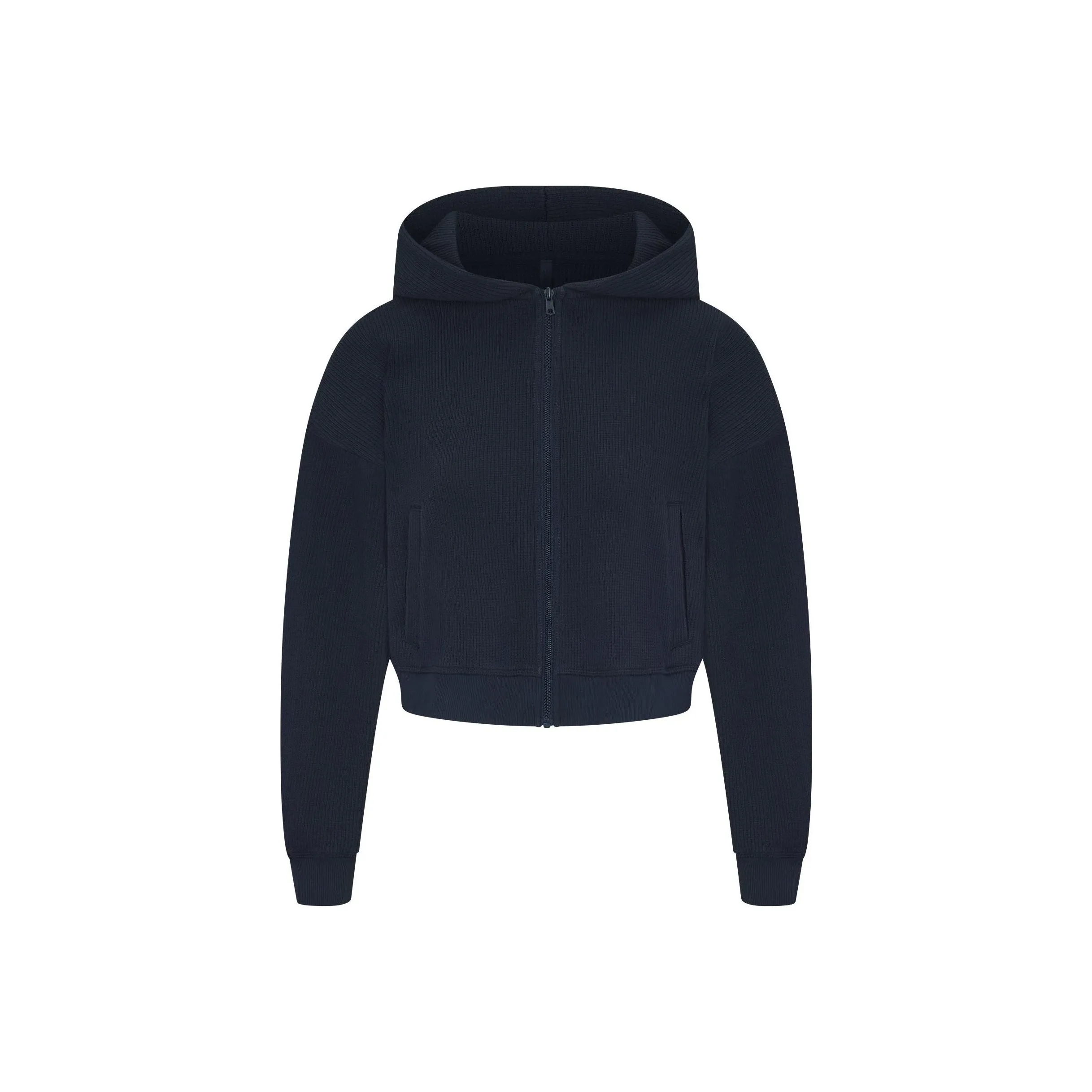 SKIMS FW24 HEAVY Waffle Укороченный ZIP UP Толстовка HOODIE Женская Темно-синий Морской синий