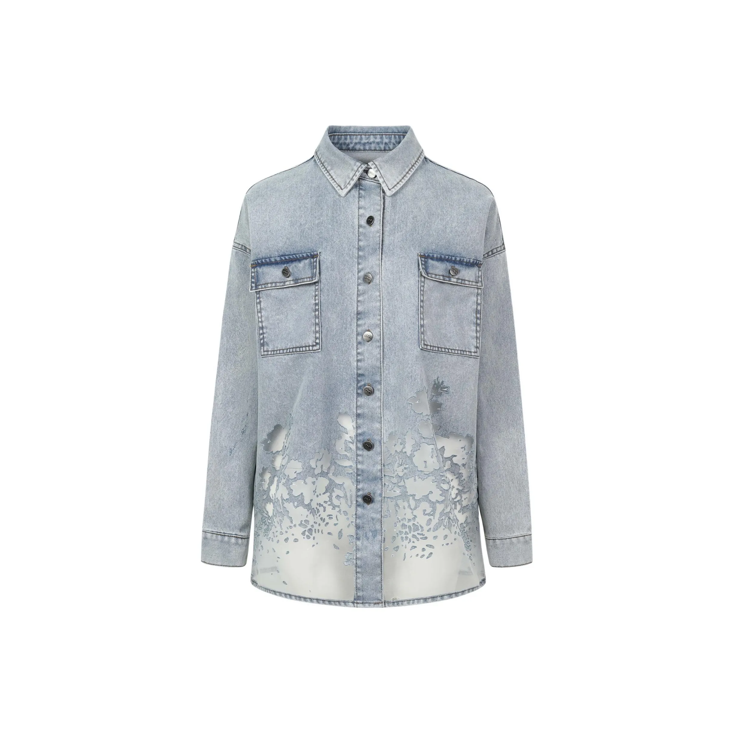 PROJECTJOIN Цветочный дизайн Резьба Деним Рубашка Деним Рубашка Unisex Light Синий