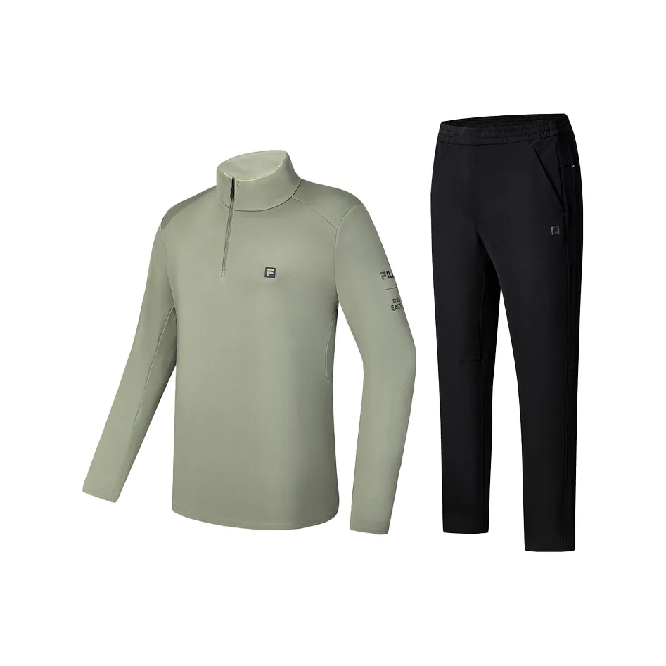 FILA Casual Sportswear Men's Clothing Sets Cloud Green T Shirt+Pitch Black Pants