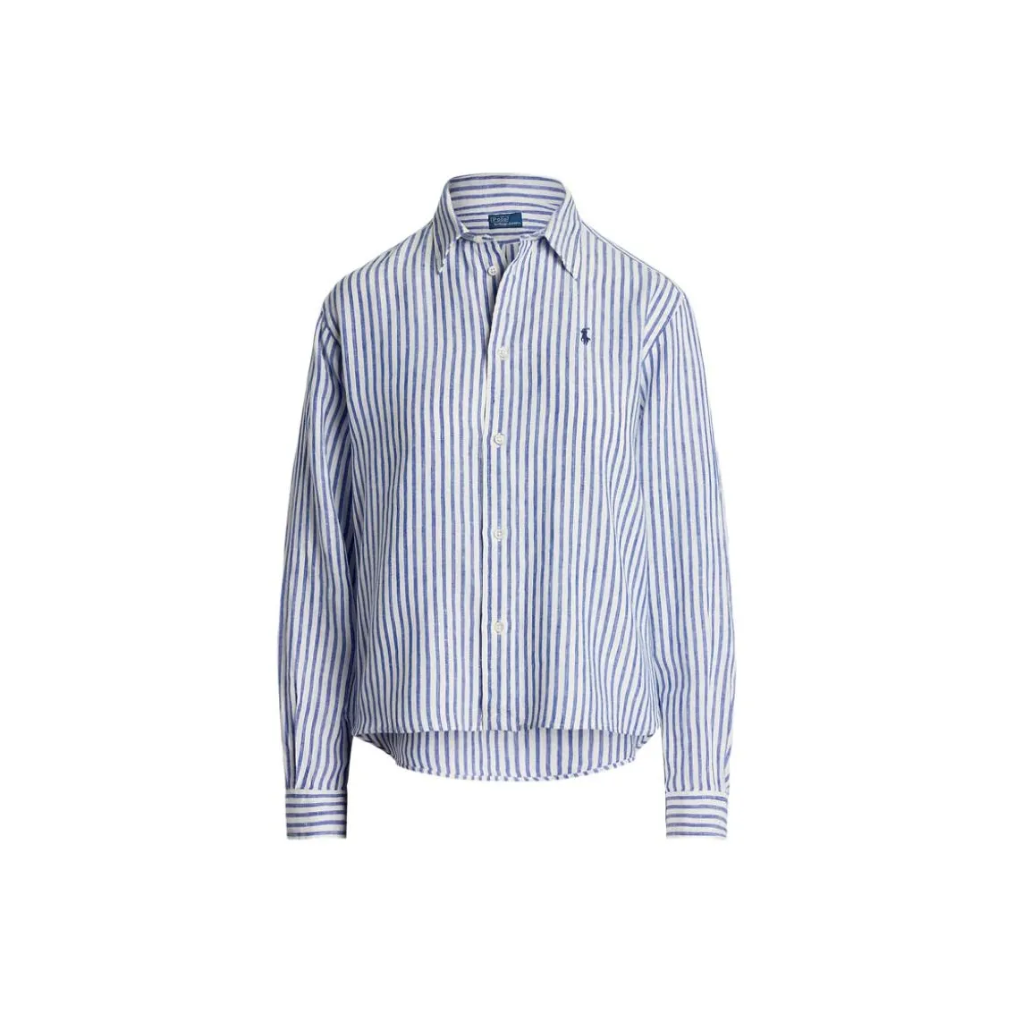 Polo Ralph Lauren Wide Cropped Striped Linen Shirt White Blue
