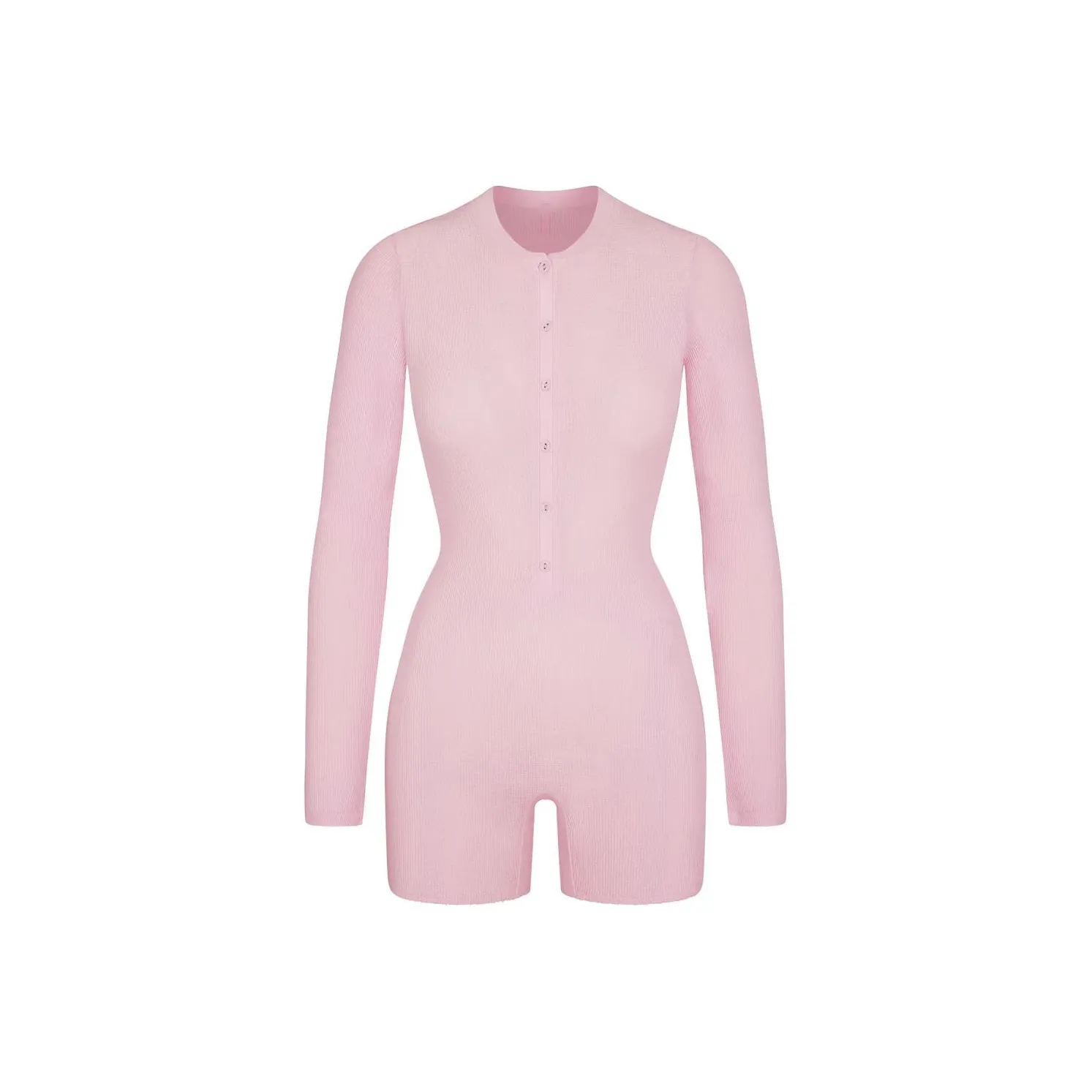 SKIMS Waffle Пуговица Вверх Henley ONESIE Комбинезон Женские Вишневый цветок Розово-вишневый
