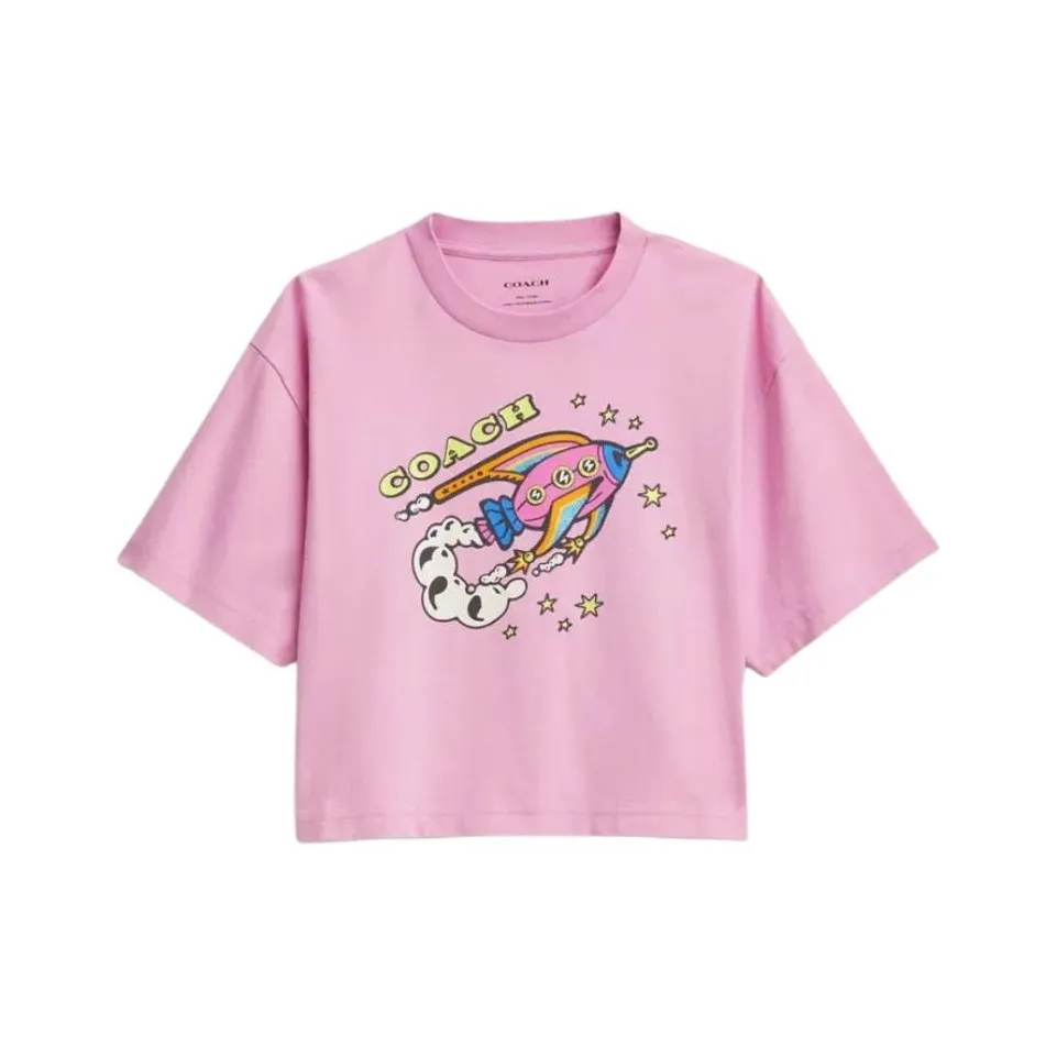 COACH Ракета Принт Укороченный Короткий С короткими рукавами с оборванными плечами Рубашка Женская Розовая