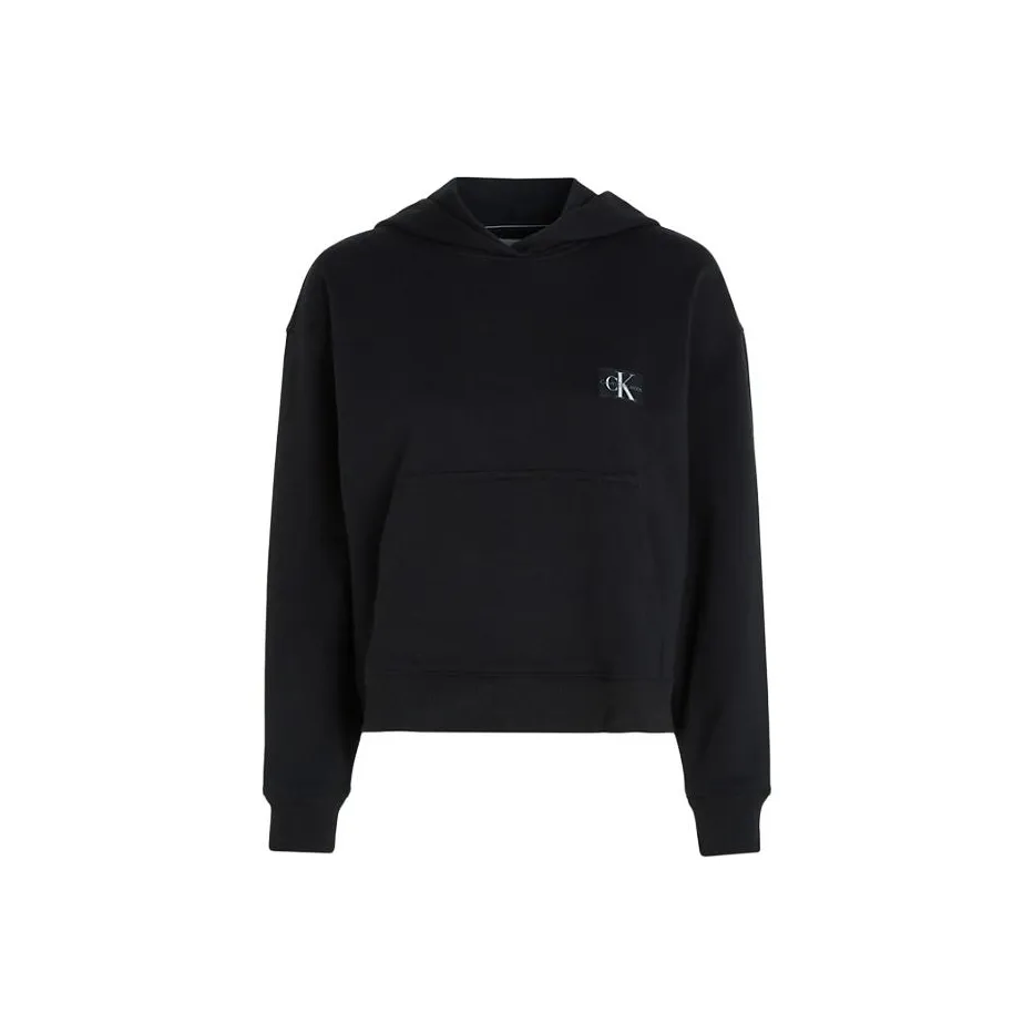 CALVIN KLEIN Cotton Terry Badge Hoodie Sweatshirt Women's Black