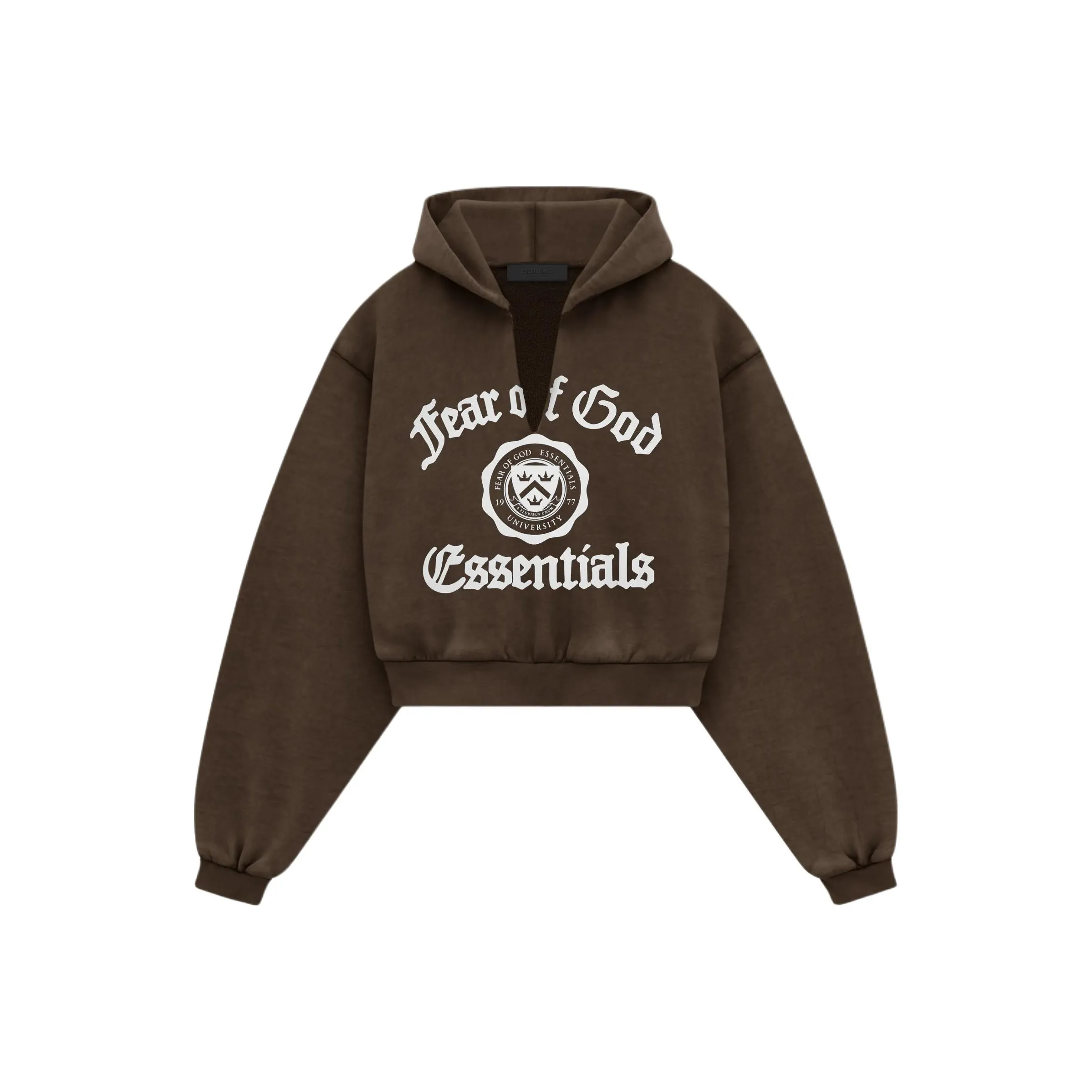 Fear Of God Essentials Women's Heavy Fleece Cropped V Neck Hoodie Brown