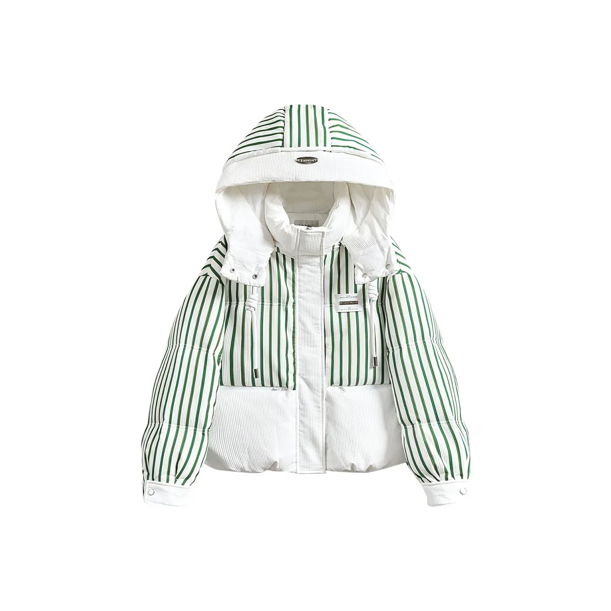 TOUCH Пуховик Женская Белая Основа с Зелеными Полосами