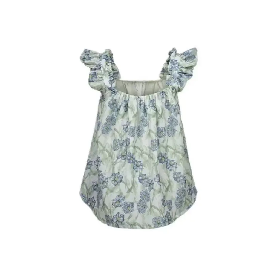 PAIN OR PLEASURE Premium Flutter Sleeve Cropped Camisole With Open Sleeves Women's Blue Green Floral