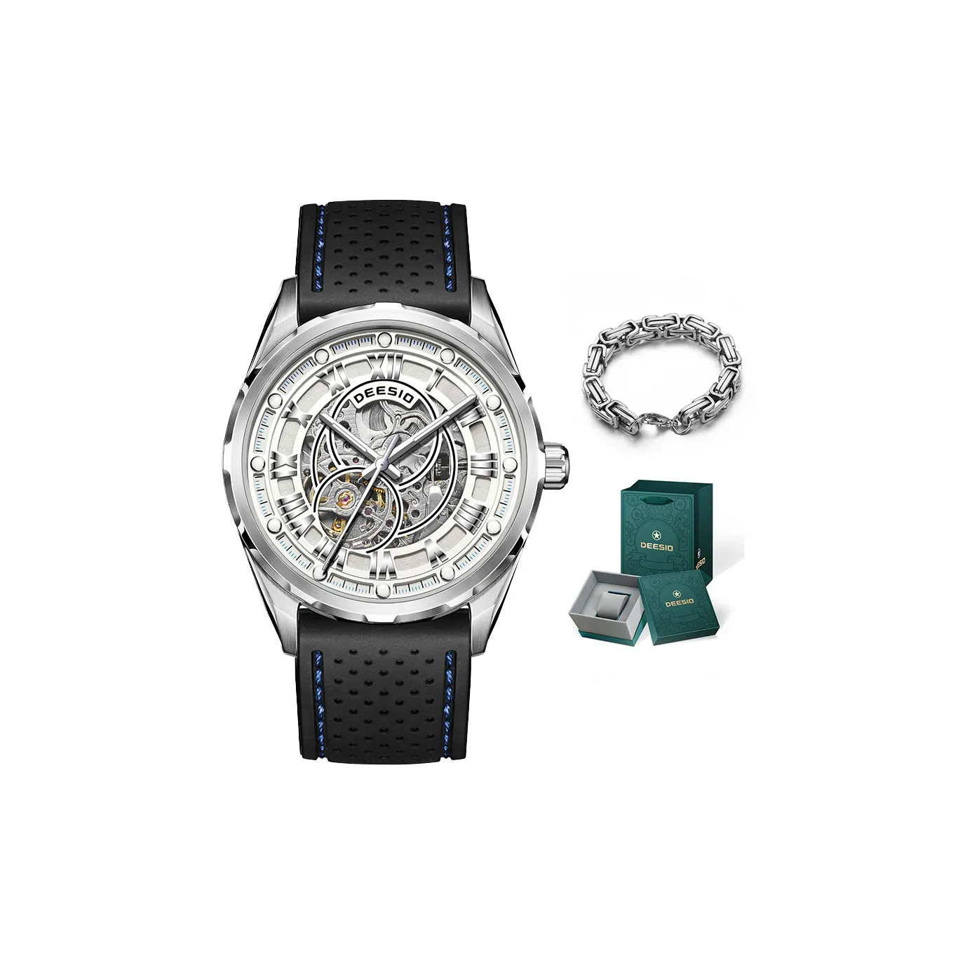 DEESIO Автоматический Механический Механизм Резиновый Ремешок Мужские Часы С Чертежом Skeleton