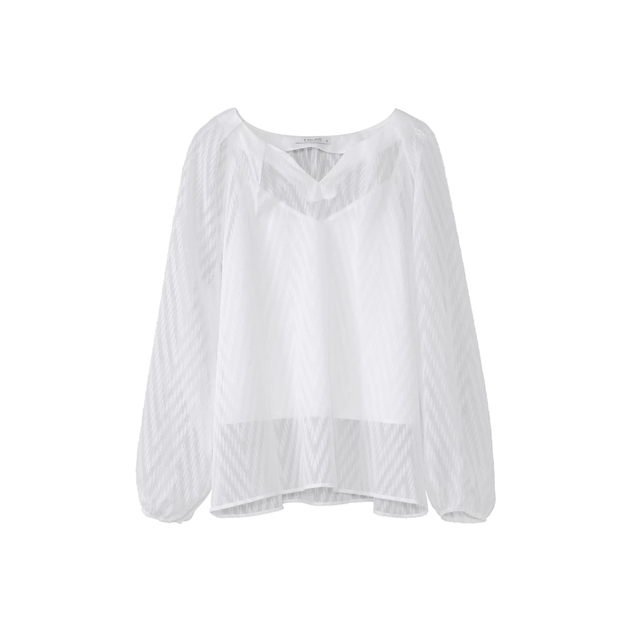 Fstudio Early Spring Korean Style Small V Neck Ambient Long Sleeved Two Piece Set Shirt Women's White