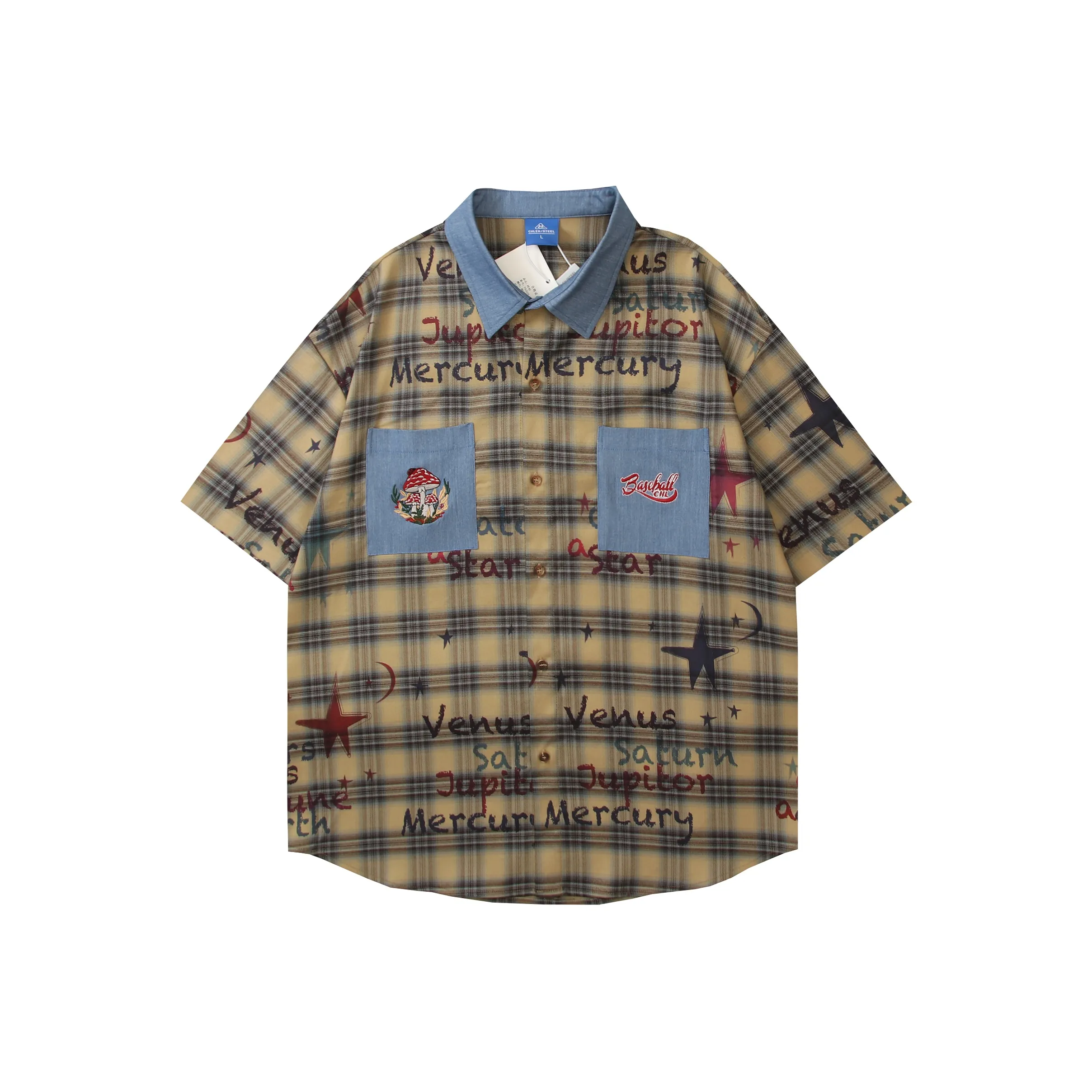 WAYHWEI Рубашка Унисекс Желто-коричневый Клетка