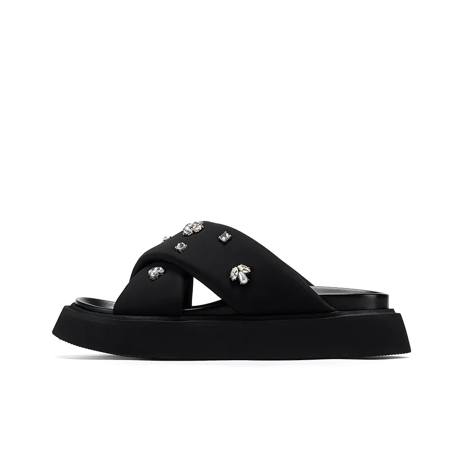 GG CC Rhinestone Противоскользящие Устойчивые к истиранию Амортизация Platform Slide Тапочки Женские Черный