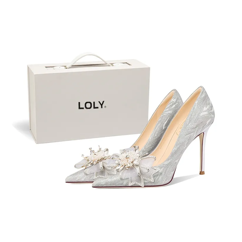 LOLY Crystal Shoes French Wedding Shoes Summer Slim Heel Everyday Fashion Versatile Women's White