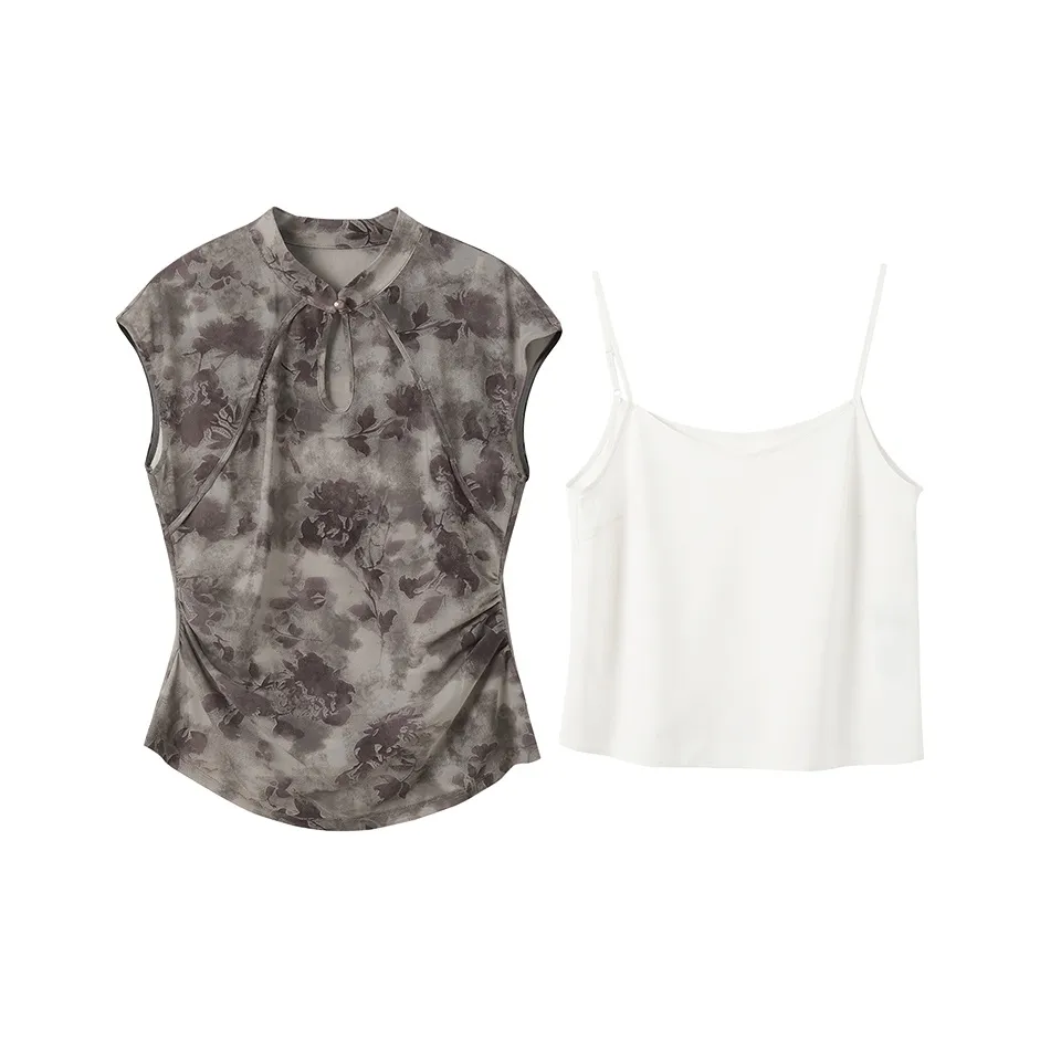 3COLOUR Шифон Рубашка Женские Наборы Одежды Серый Фиолетовый Цветочный Рубашка + Майка с Ручками