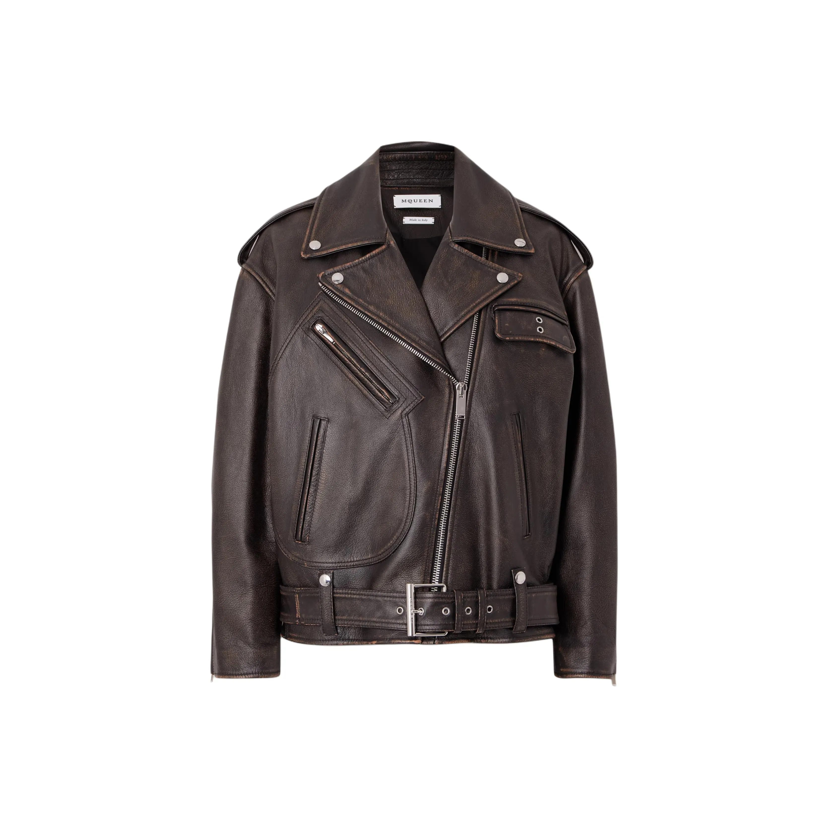 Alexander McQueen Oversized Distressed Leather Biker Jacket