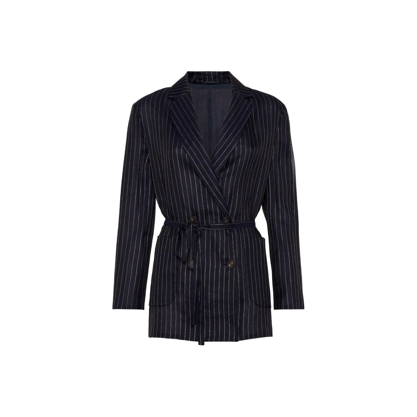 Brunello Cucinelli Pinstripe-Pattern Double Breasted Belted Blazer