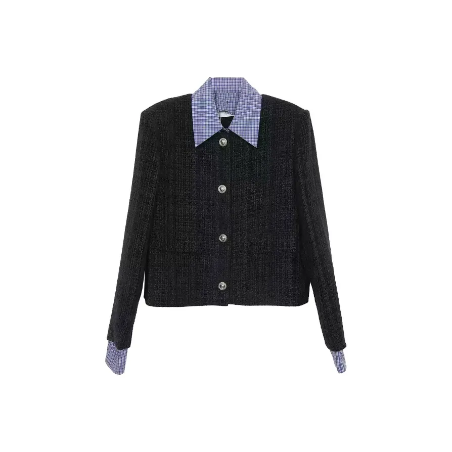 PAZZO Soft Chanel Inspired Single Breasted Mock Two Piece Coat Women's Navy Blue