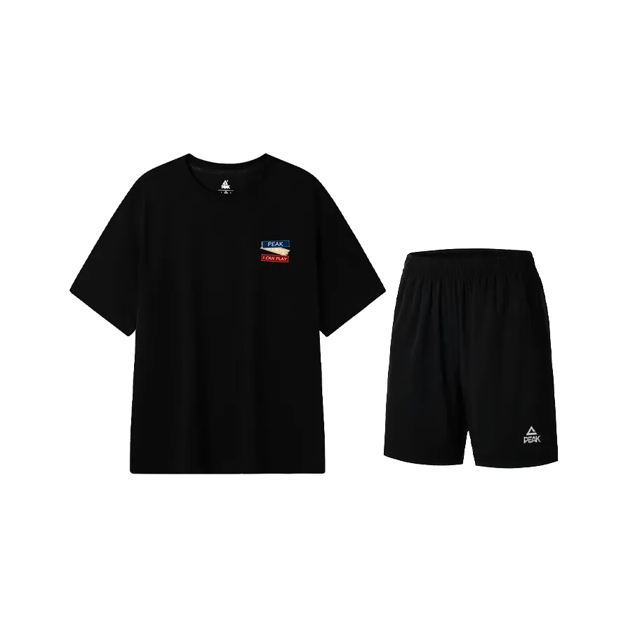 PEAK Бег Одежда Наборы Унисекс Черный Логотип Короткий Рукав Рубашка + Черные Шорты
