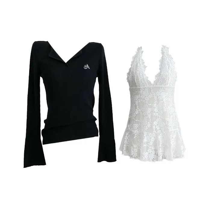 MISSHONEY MH Черный топ + Белый кружево Женская трикотаж