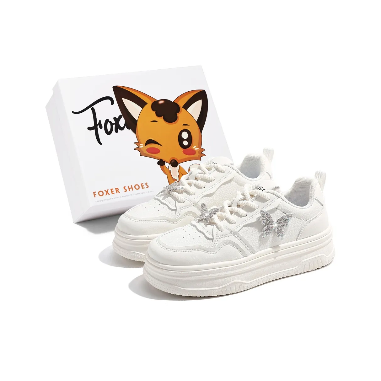 FOXER White Sneakers Height Increasing Abrasion Resistant Slip Resistant Low Top Skateboard Shoes Women's