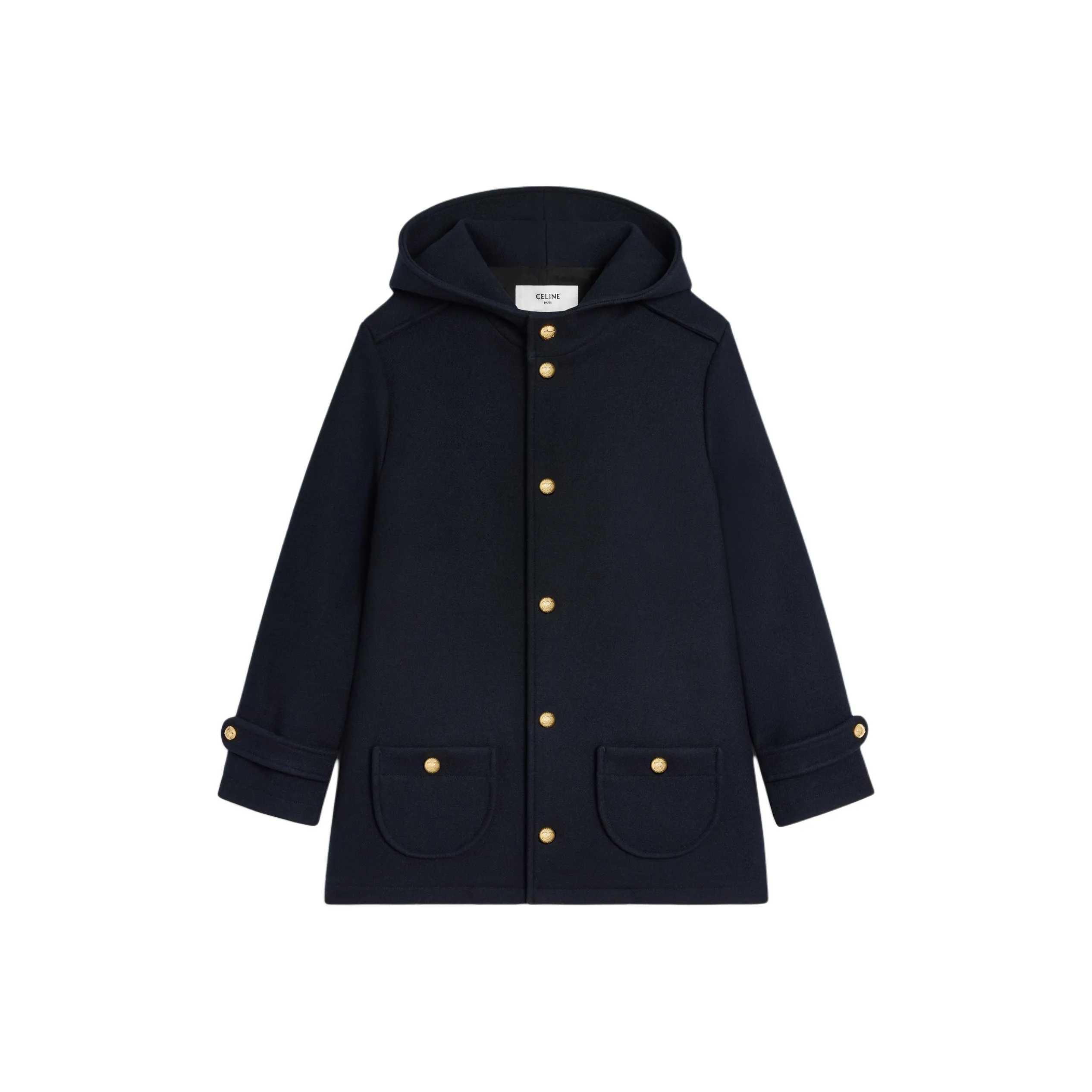 CELINE Hooded Triomphe Coat In Wool Felt